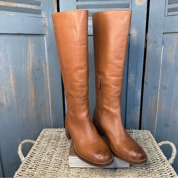J. Crew Knee High Stacked-Heel Leather Boots Burnished Sand Sz 10.5 - Picture 2 of 16